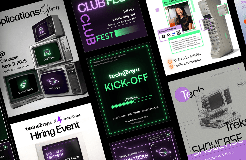 A grid of the rebranded tech@nyu social posts: Club Fest, Kick-Off, Hiring Event and Tech Treks