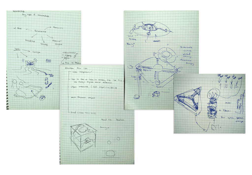 A spread of hand sketches exploring the installation's mechanisms
