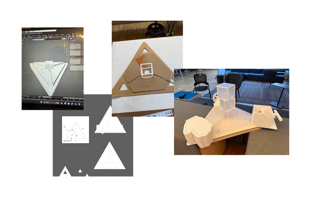 The 3D model, the cardboard mock-up and the laser-cut parts side by side