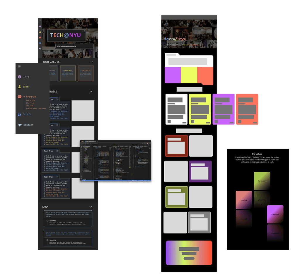 Early website explorations on a dark canvas