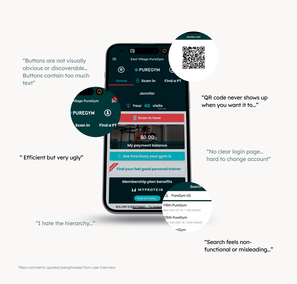 Quotes from user interviews arranged around a screenshot of the current Puregym app